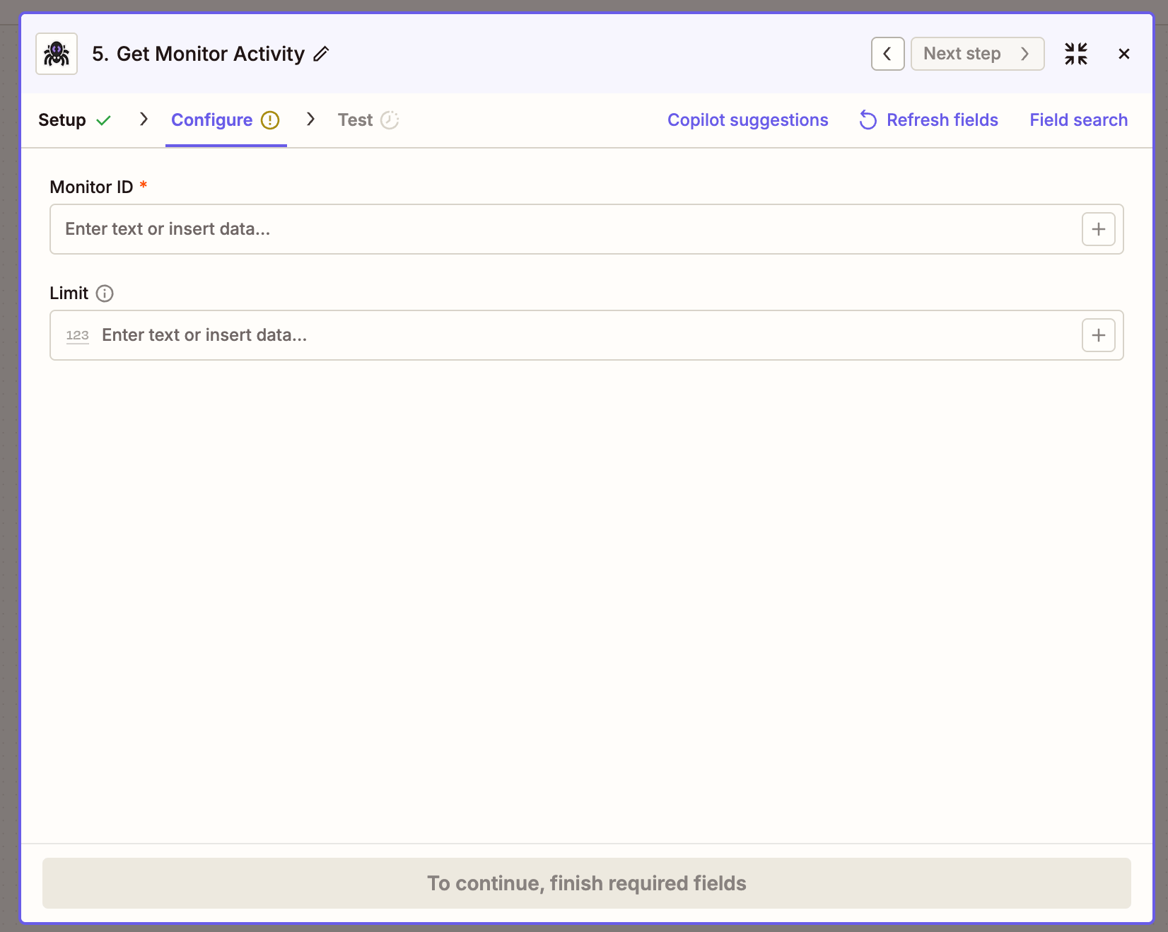 Get Monitor Activity action with Monitor ID and Limit fields