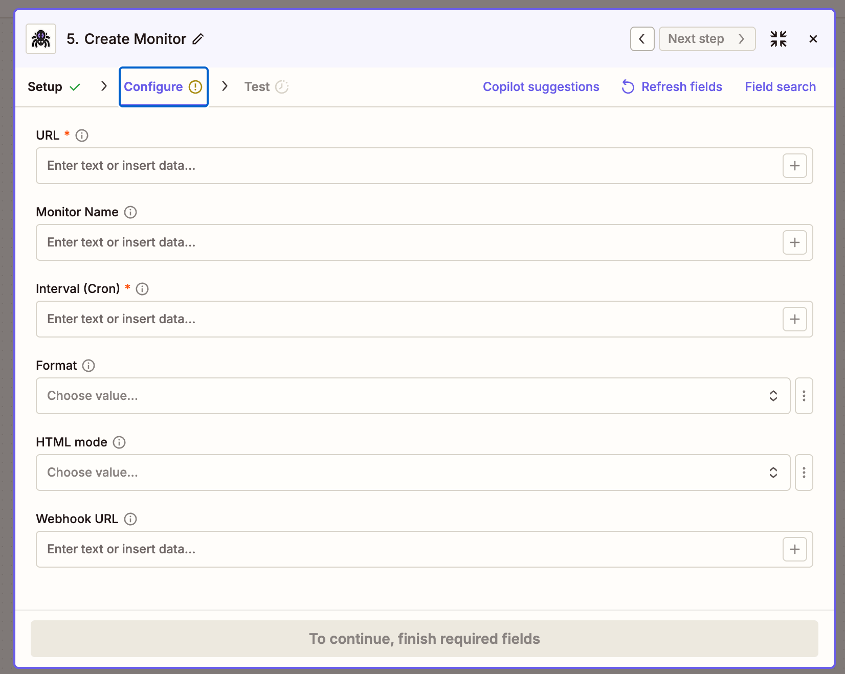 Create Monitor action with URL, name, cron, format, HTML mode, and webhook URL fields