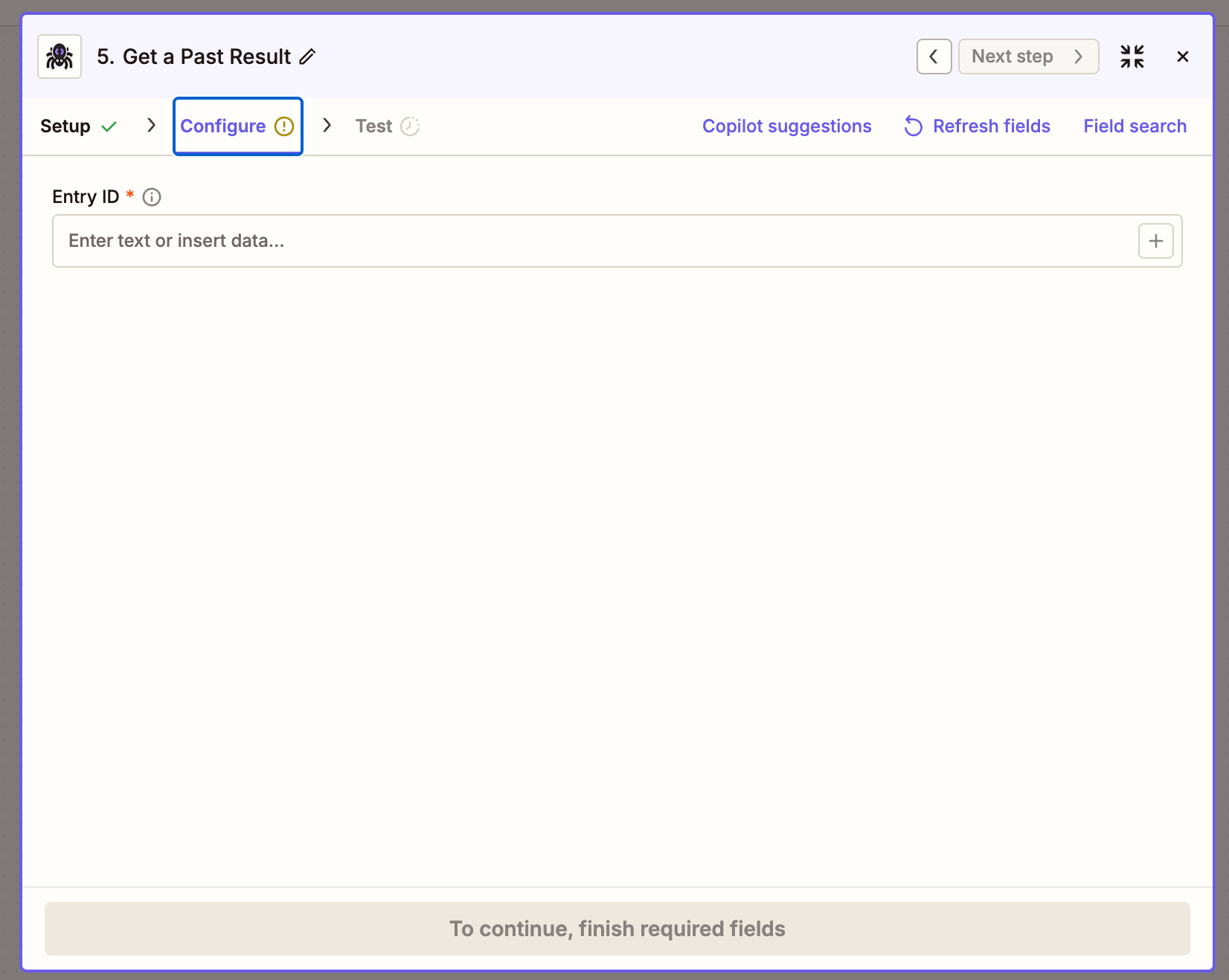 Get a Past Result action with the Entry ID field