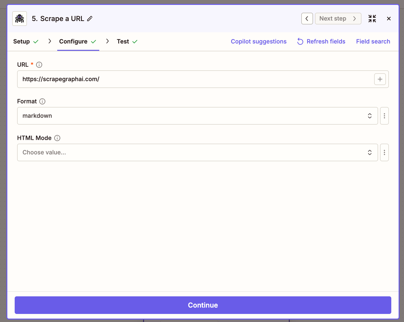 Scrape a URL action with URL filled and Format = markdown