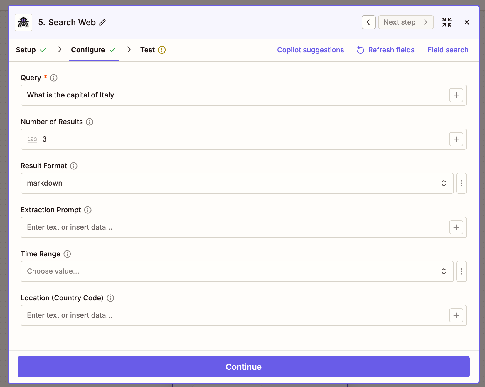Search Web action with a query, 3 results, markdown format