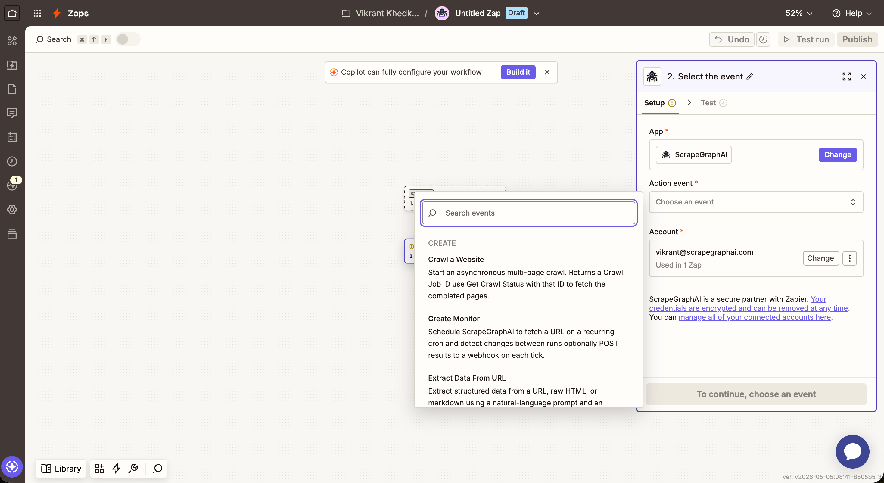 Zapier action picker showing ScrapeGraphAI actions