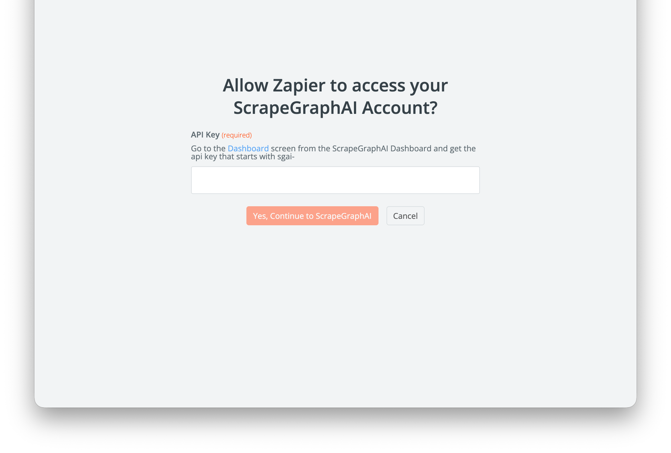 ScrapeGraphAI connection dialog in Zapier with API Key field