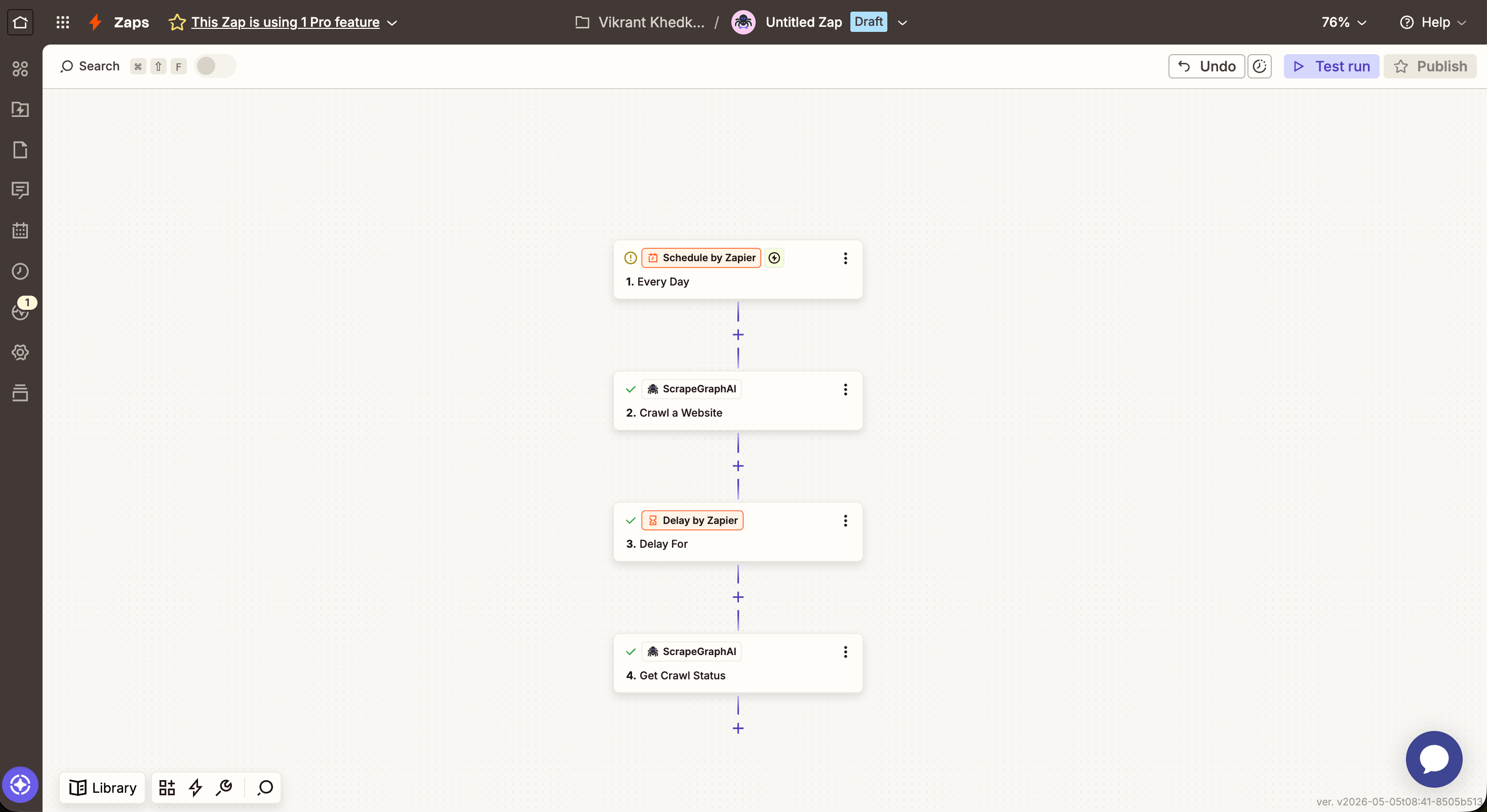 Zap canvas: Schedule → Crawl a Website → Delay → Get Crawl Status
