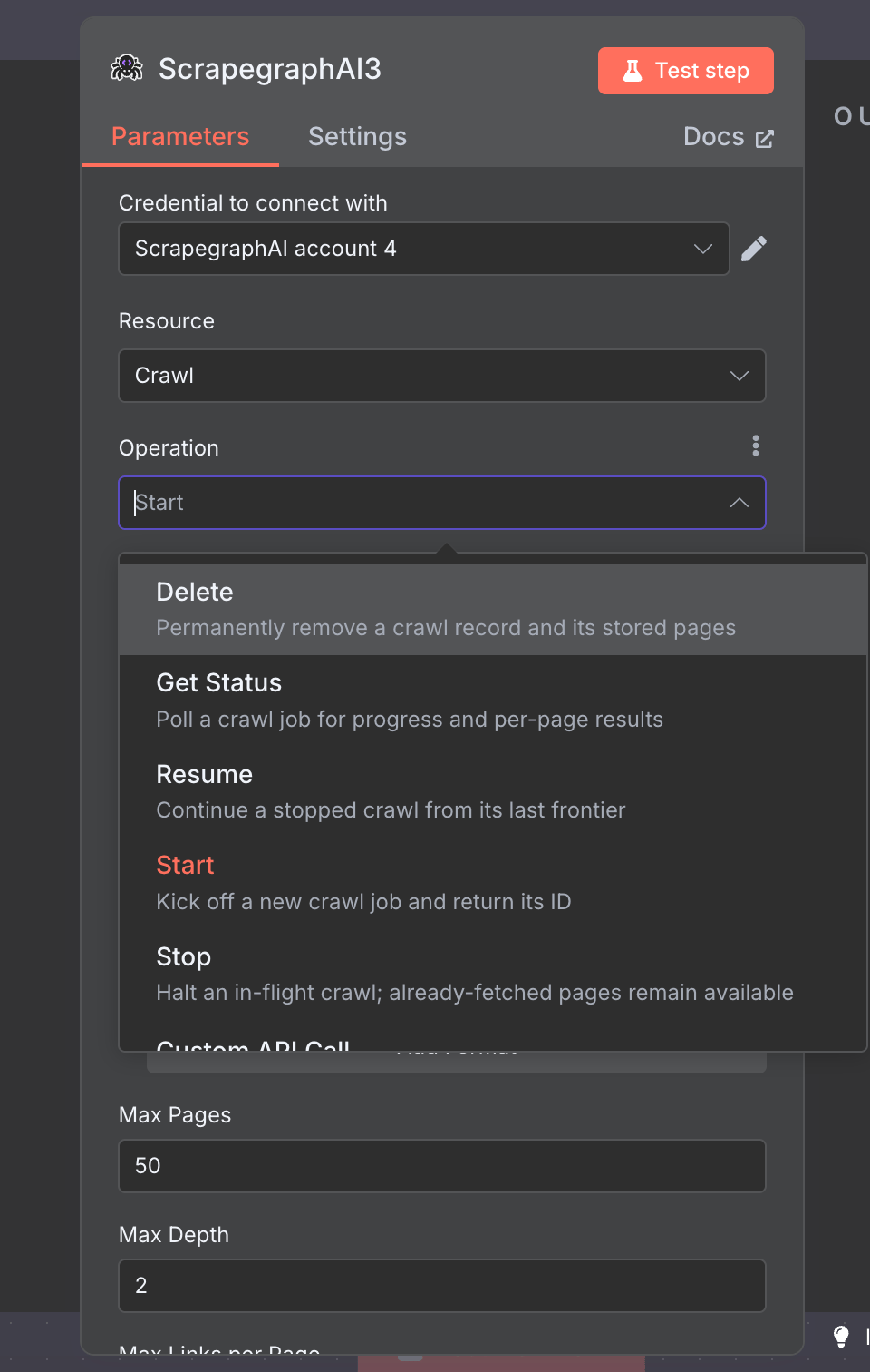 Operation dropdown on the Crawl resource showing Start, Get Status, Stop, Resume, Delete