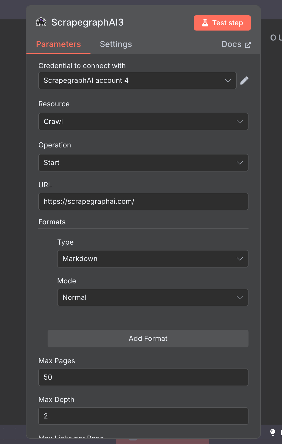 Crawl Start node with URL, Markdown format, Max Pages 50, Max Depth 2