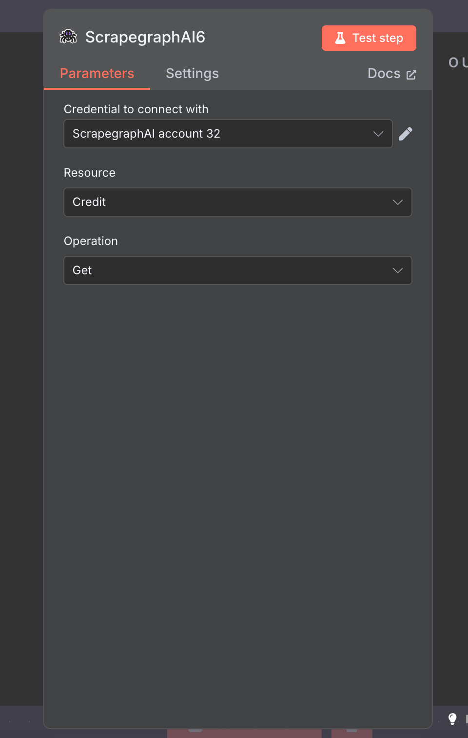 Credit Get node — only Resource and Operation selectors