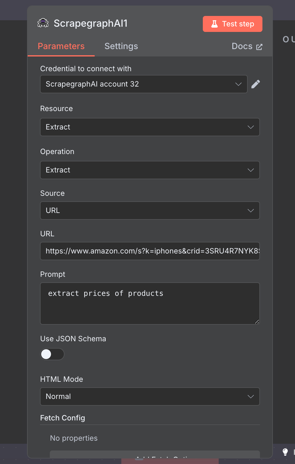 Extract node with Source = URL, an Amazon URL, and a prompt