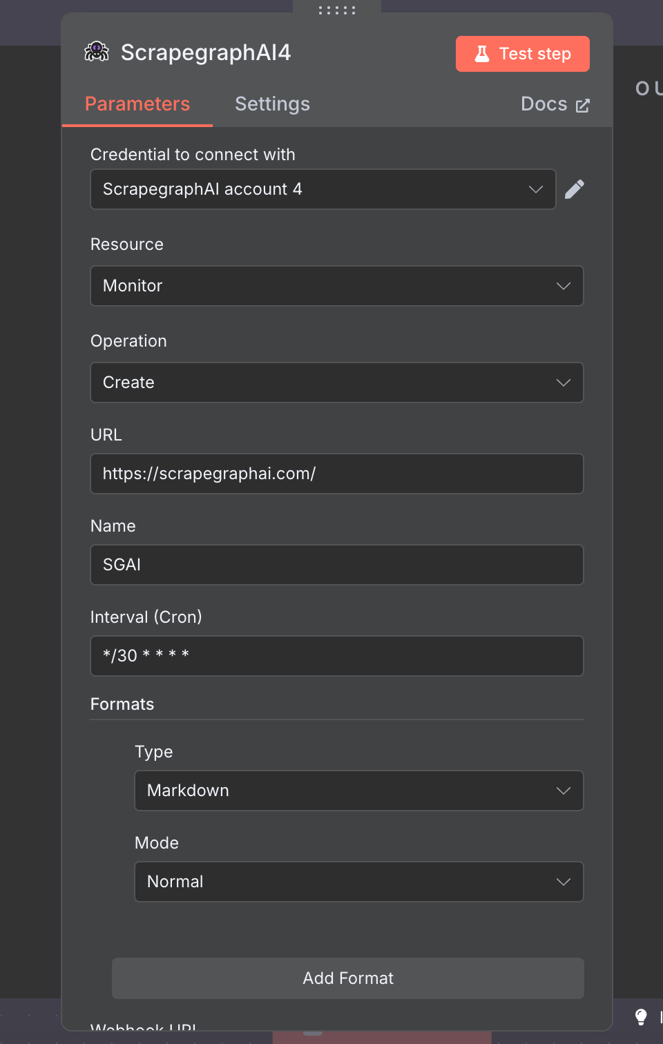 Monitor Create node with URL, Name, cron interval, and a Markdown format