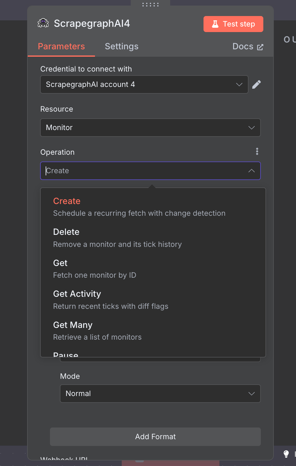 Operation dropdown on the Monitor resource showing Create, Delete, Get, Get Activity, Get Many, Pause, Resume, Update