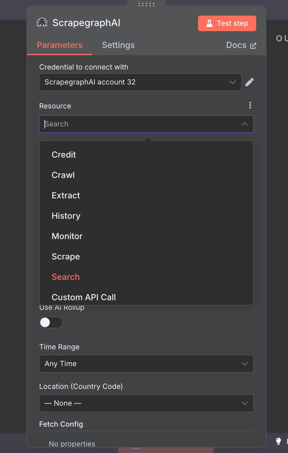 ScrapeGraphAI node with the Resource dropdown open showing all seven resources