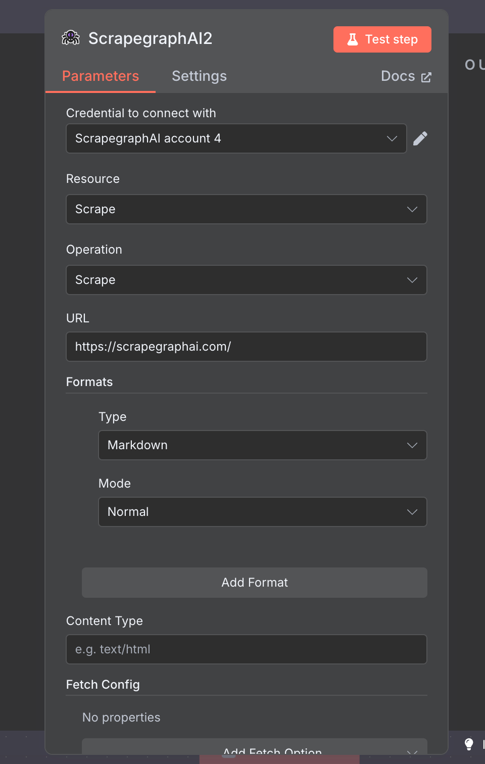 Scrape node with URL filled and a Markdown format row added