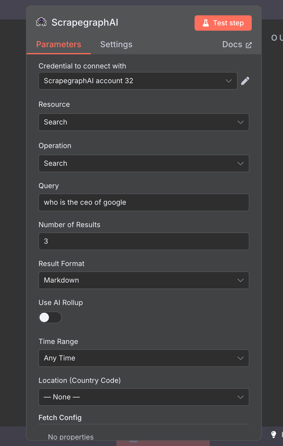 Search node with a query and three results, Markdown format