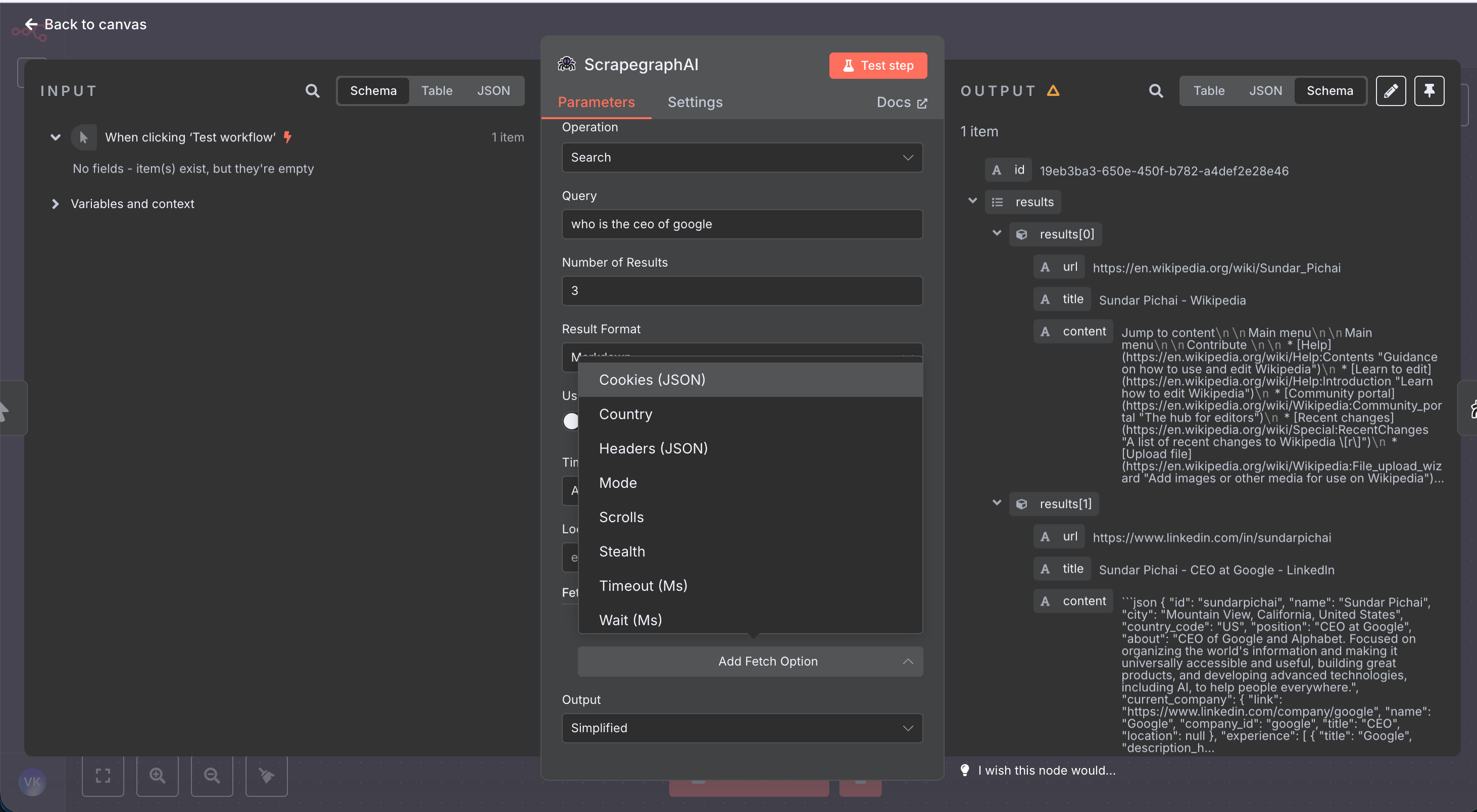 Fetch Config dropdown on the Search node showing the eight available options