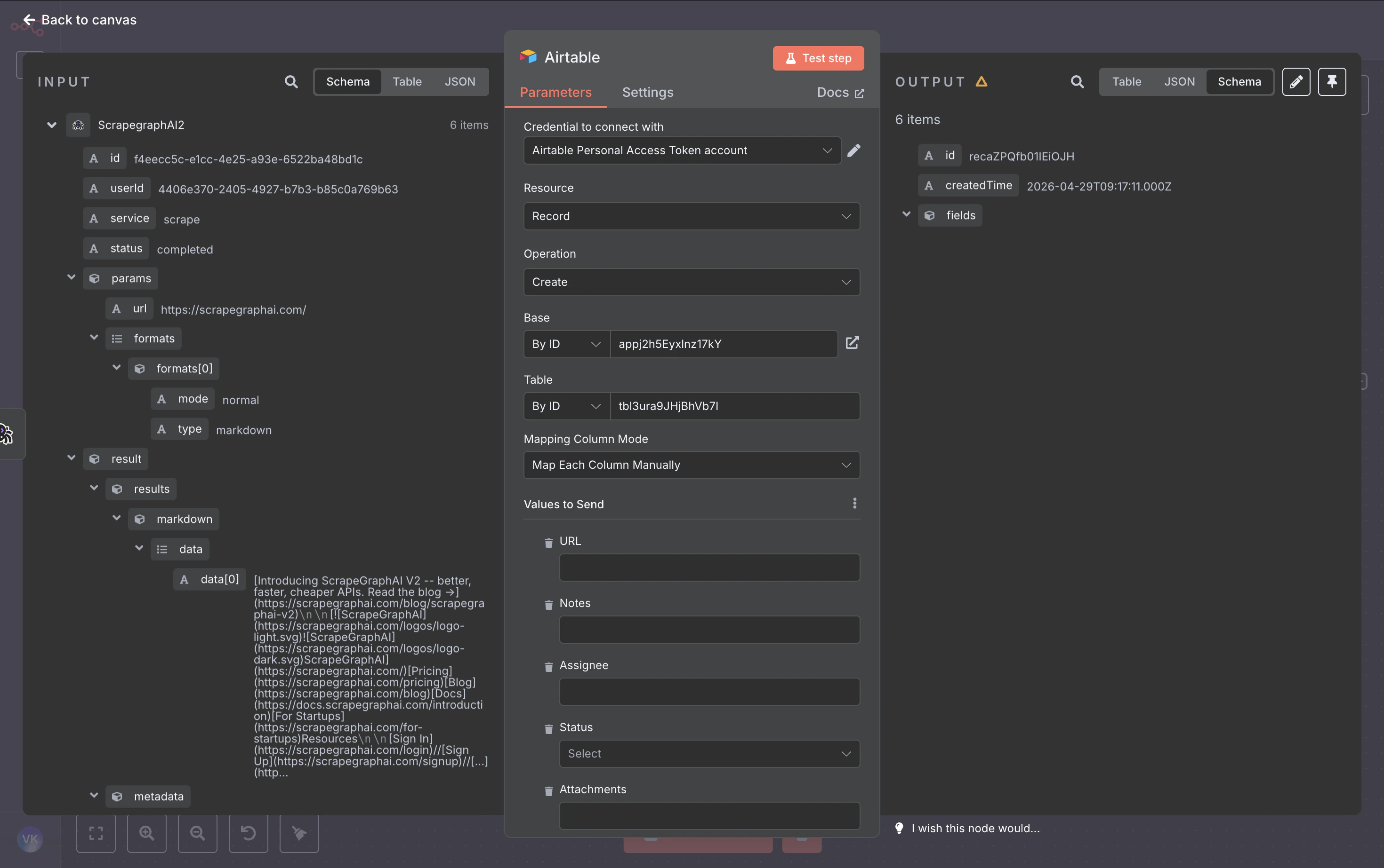 Airtable node parameters with five mapped column expressions