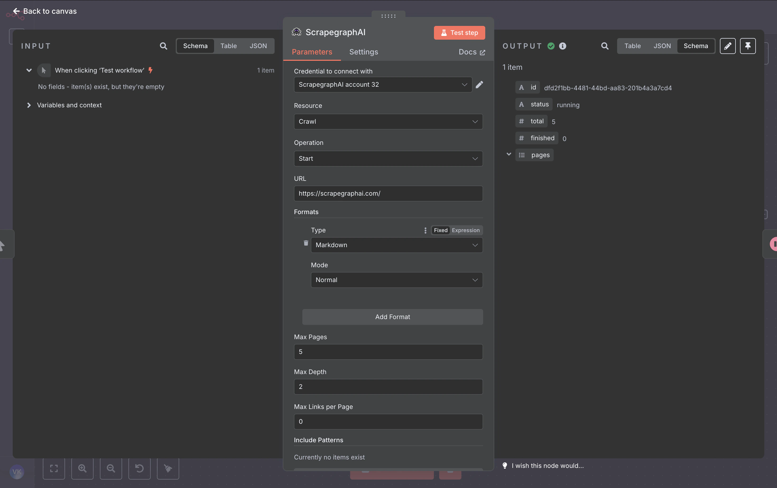 Crawl Start node parameters: URL, formats, max pages, max depth