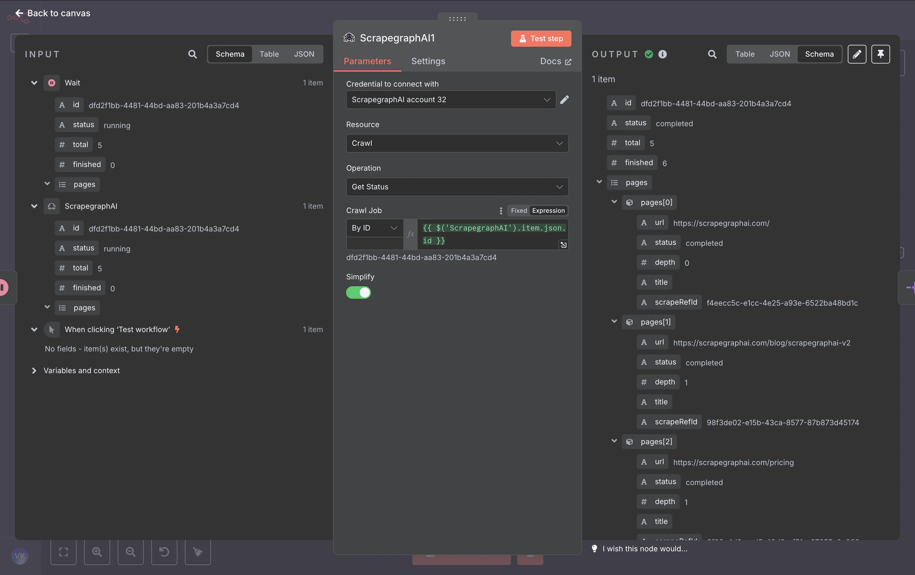 Crawl Get Status node parameters with the Resource Locator filled by an expression
