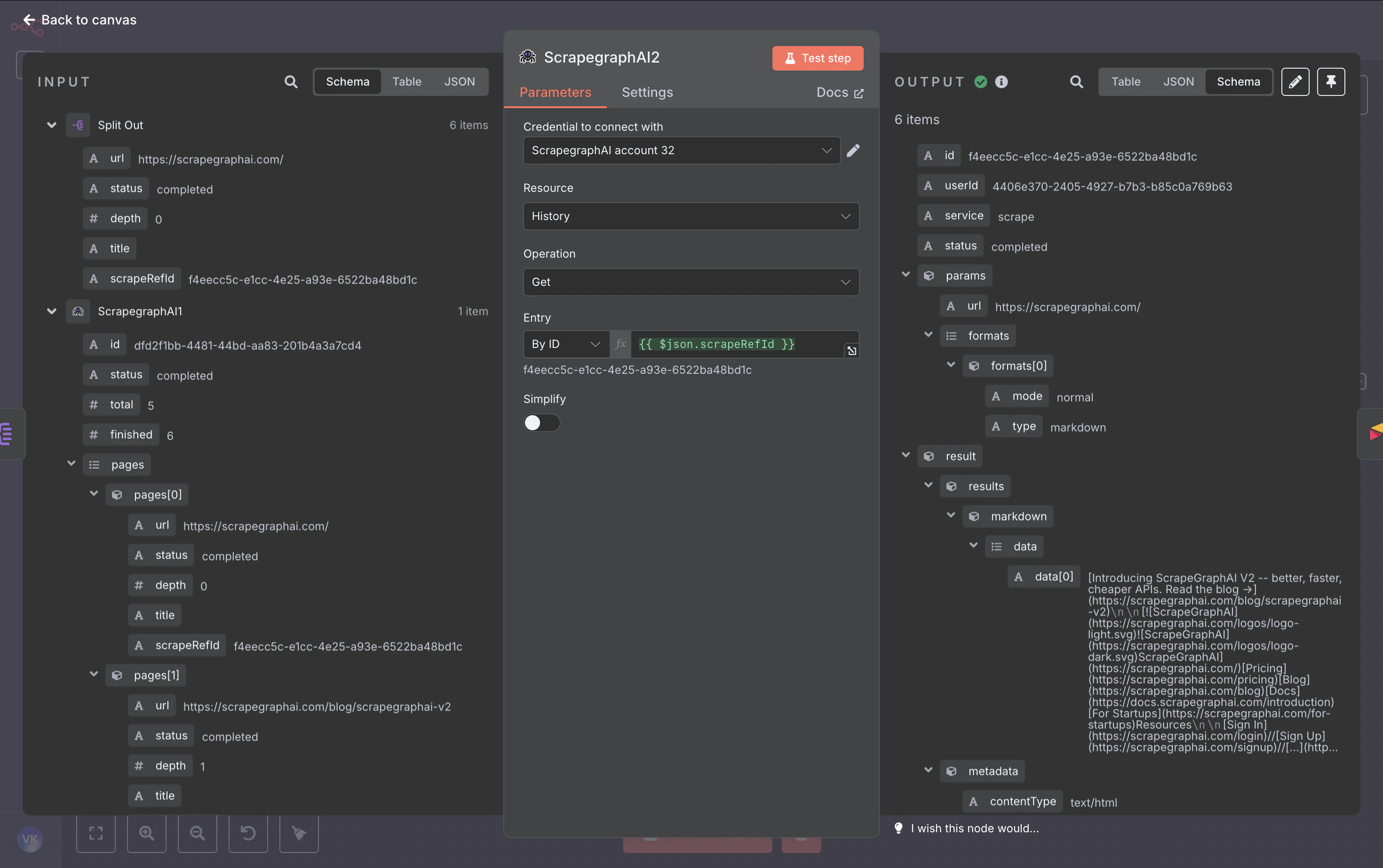 History Get node with the scrapeRefId expression in the Entry Resource Locator