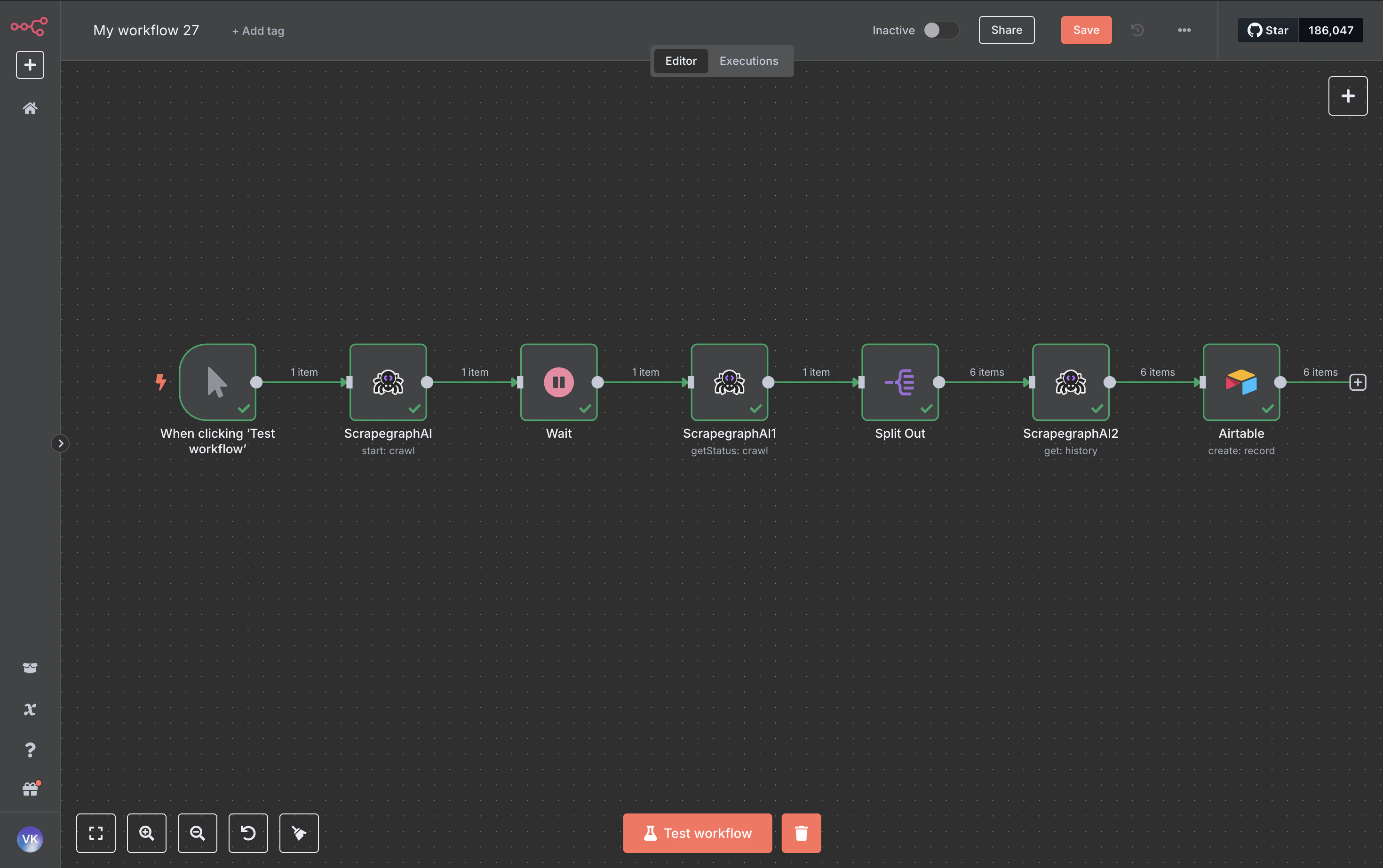 Full n8n workflow canvas: Manual Trigger → Crawl Start → Wait → Crawl Status → Split Out → History Get → Airtable