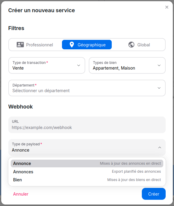 Formulaire de création de webhook