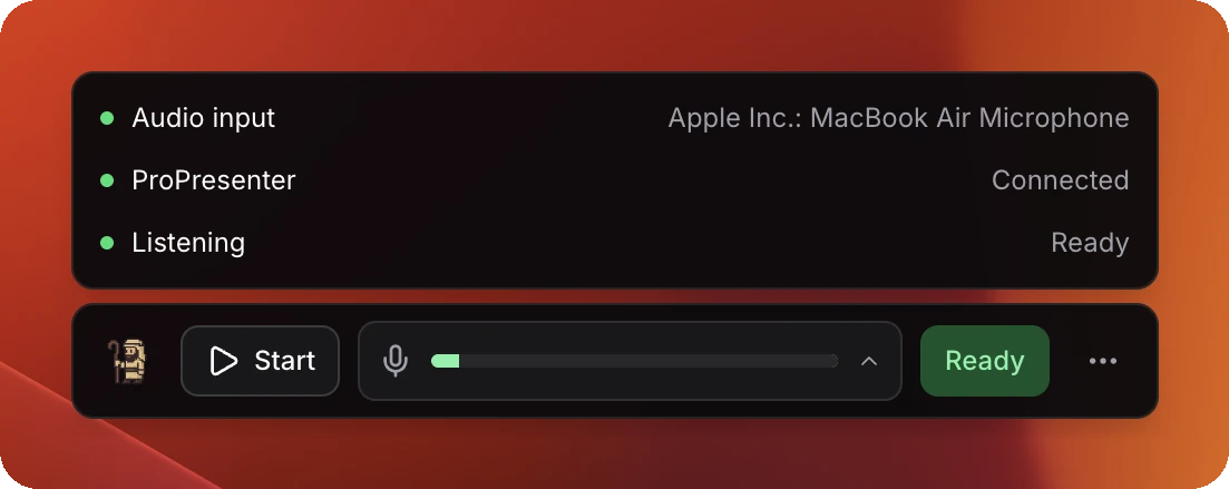 The Control Panel with the status panel open, listing Audio input, ProPresenter and Listening, each with a green dot