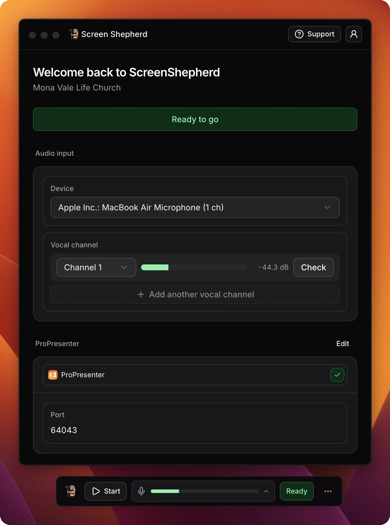 The ScreenShepherd window: a Ready to go banner, the Audio input section with device and vocal channel, and the ProPresenter section with its port