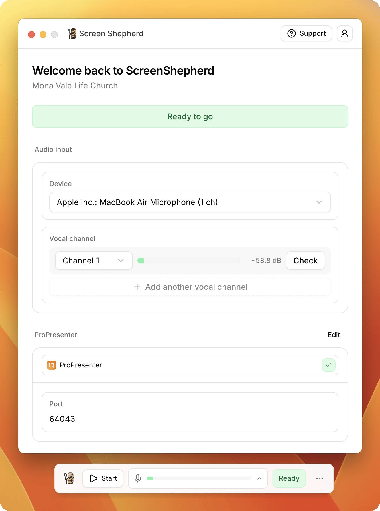 The ScreenShepherd window: a Ready to go banner, the Audio input section with device and vocal channel, and the ProPresenter section with its port