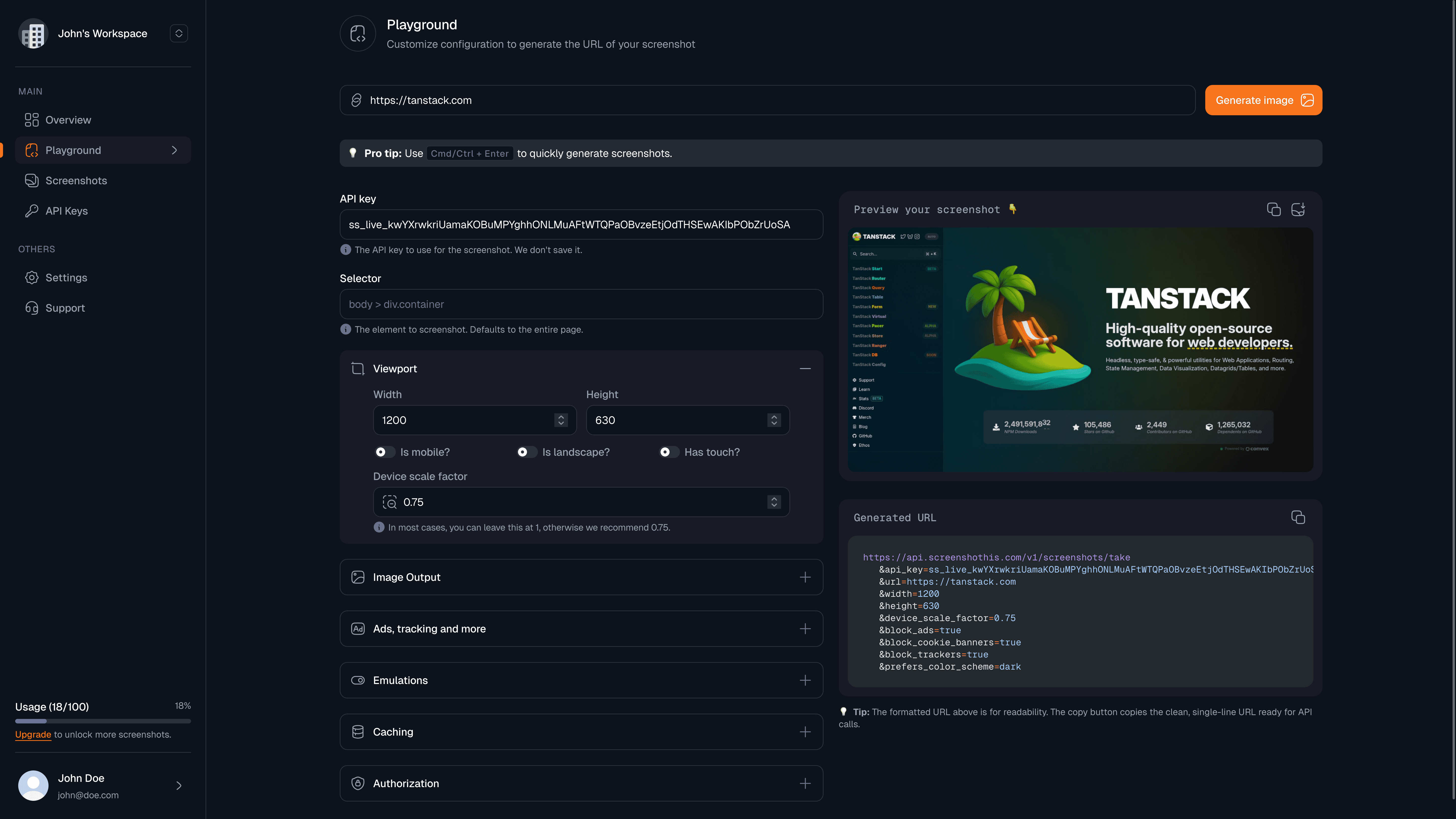 Screenshothis API playground interface in dark mode