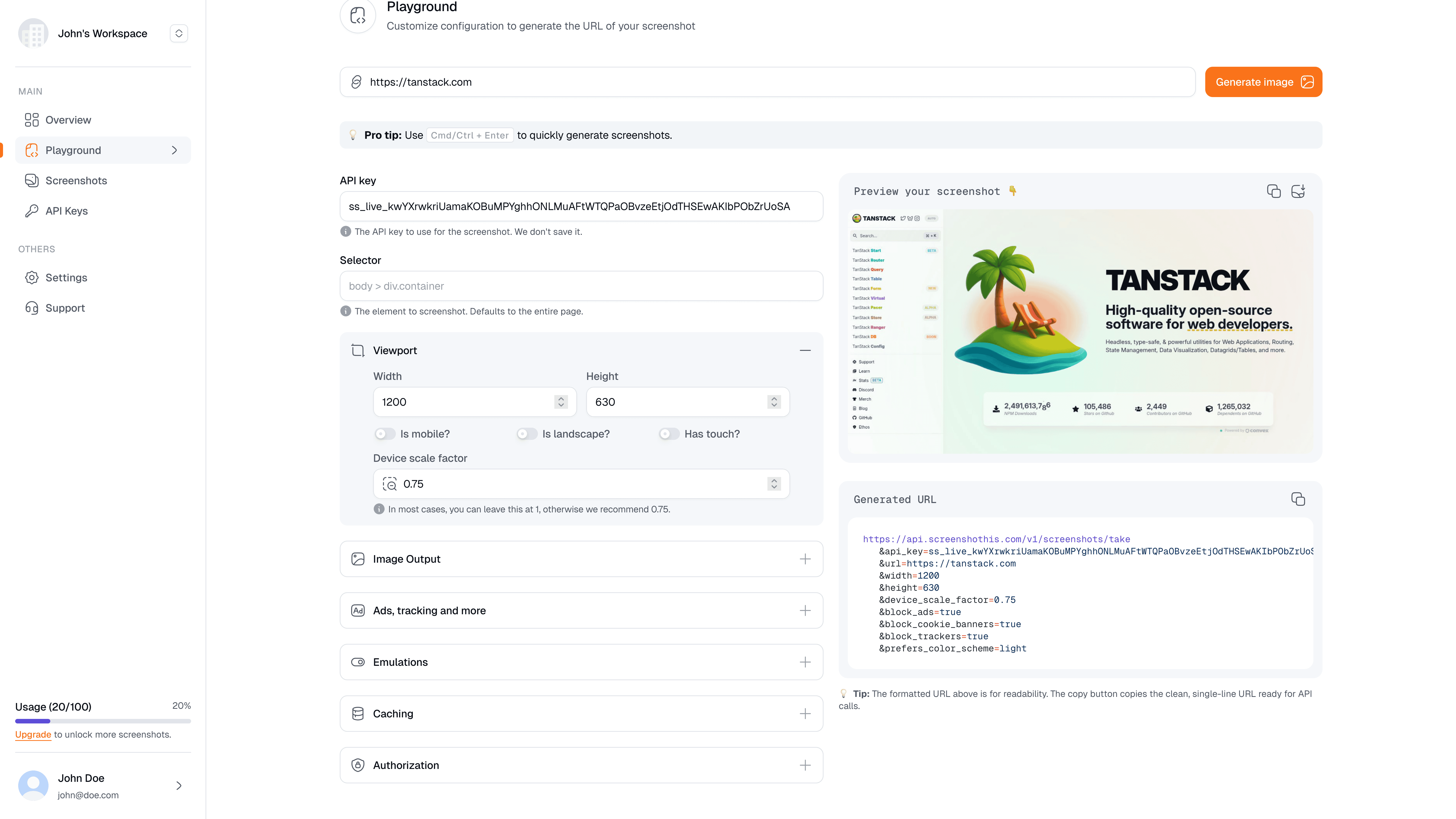 Screenshothis API playground interface