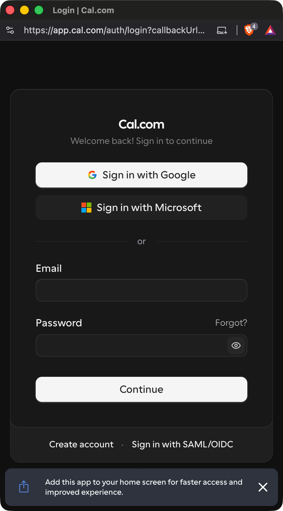 Cal.com sign-in screen