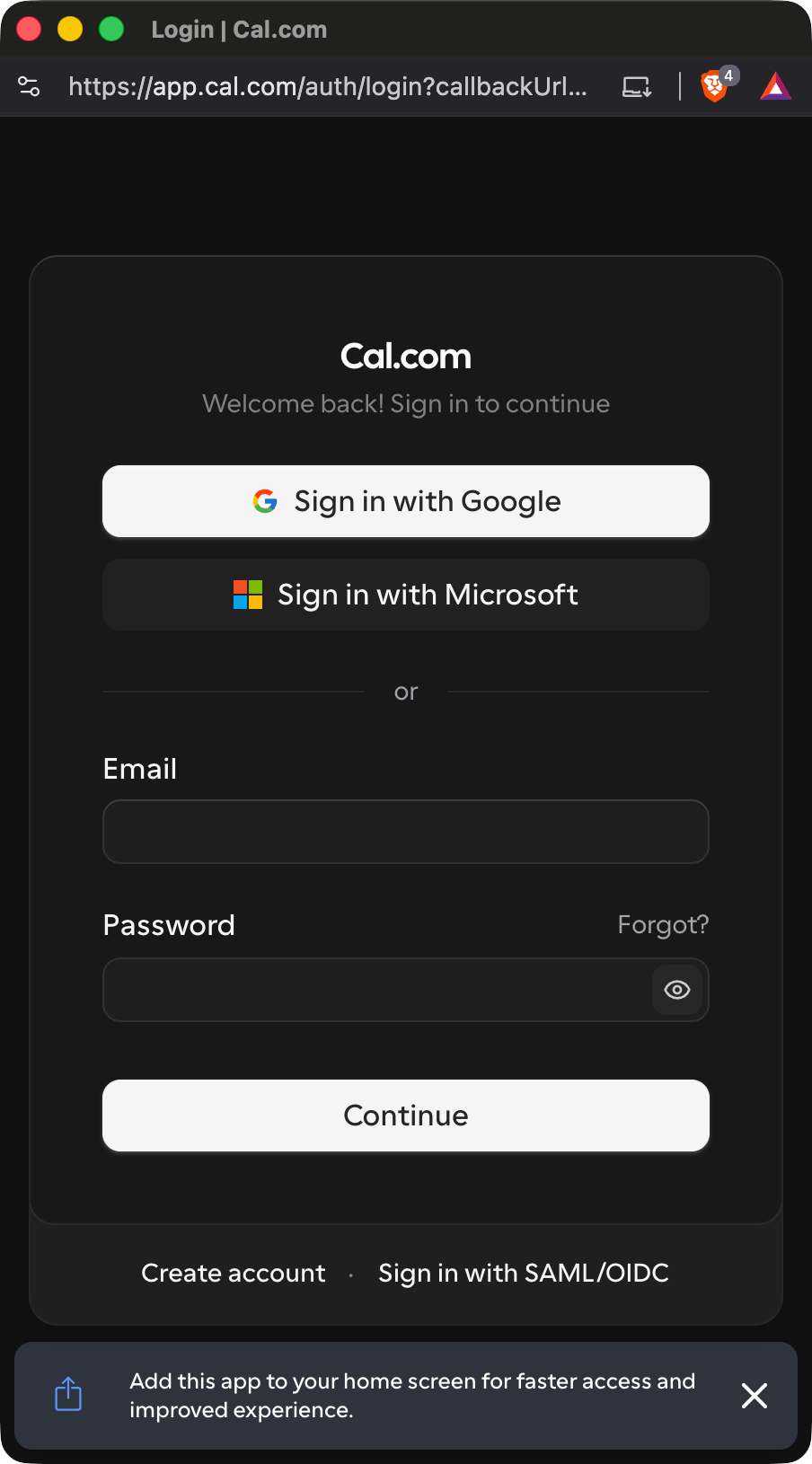 Cal.com sign-in screen