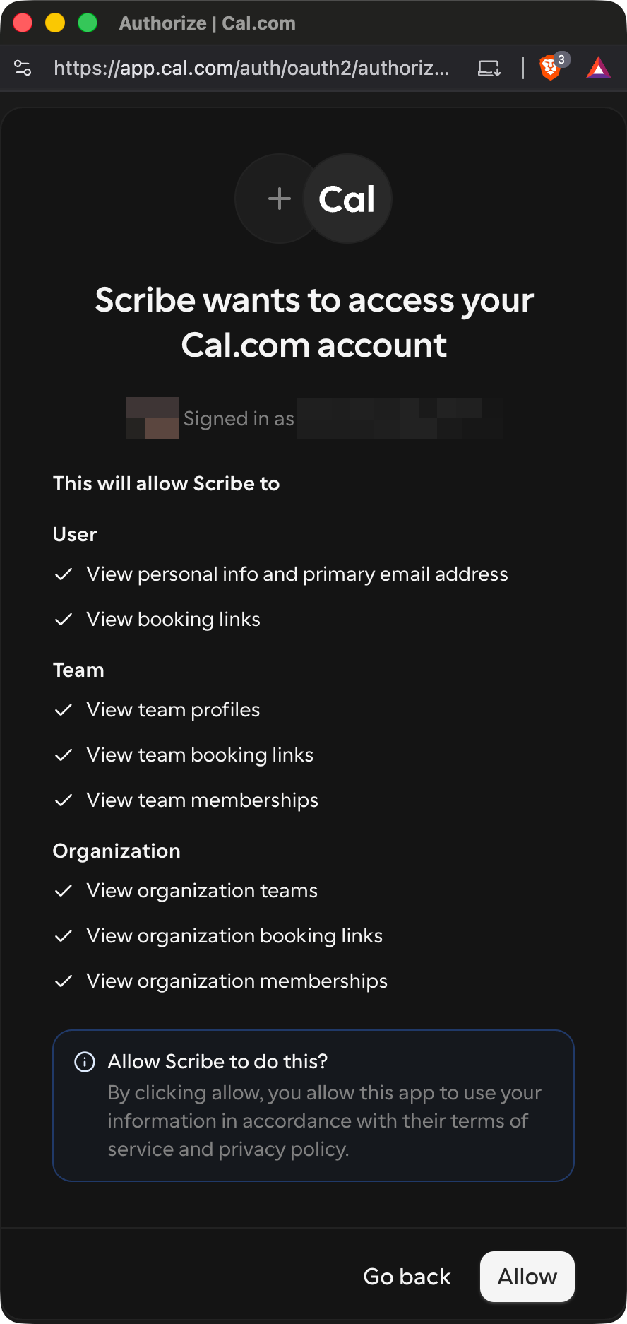 Scribe authorization screen in Cal.com