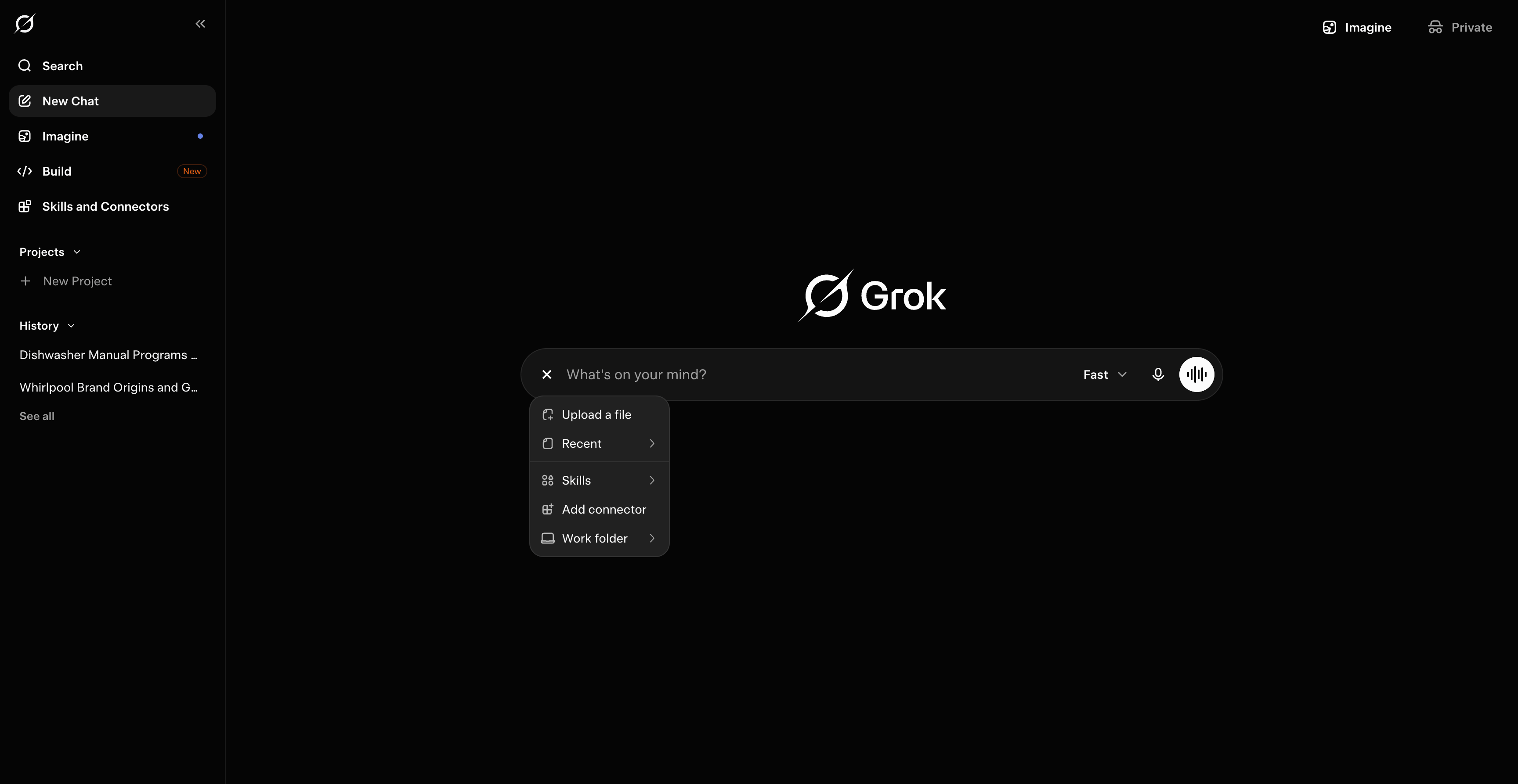 더하기 메뉴가 열려 있고 Add connector 옵션이 표시된 Grok 메시지 작성창