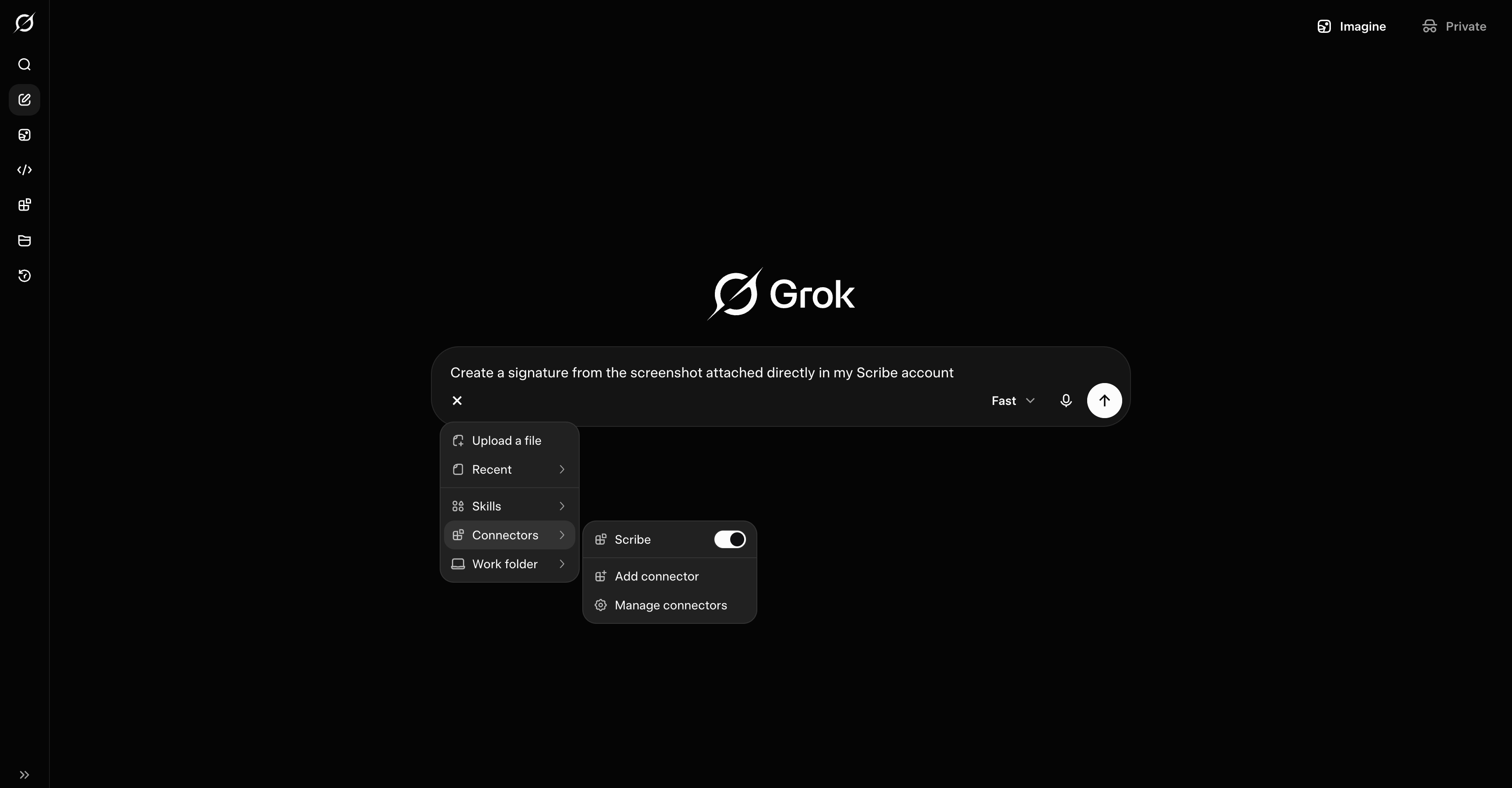 Scribe 커넥터가 활성화된 Grok 채팅 화면과 Scribe 계정에서 서명을 생성하는 예시 프롬프트