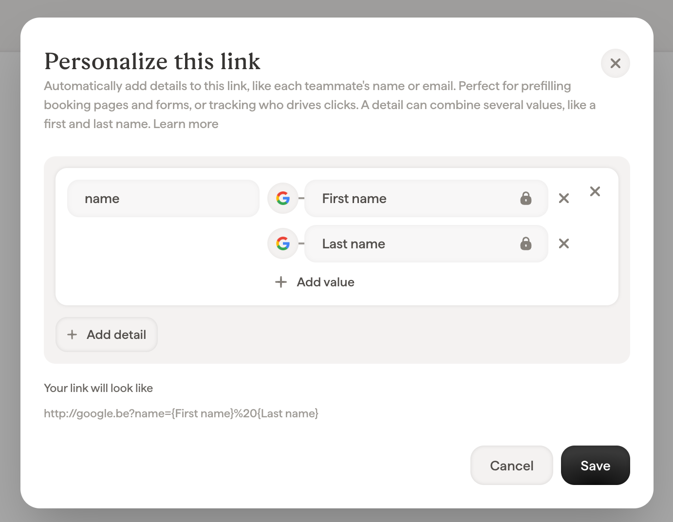 Personalisasi modal link ini dengan detail nama yang menggabungkan Smartfield Nama depan dan Nama belakang, serta pratinjau link