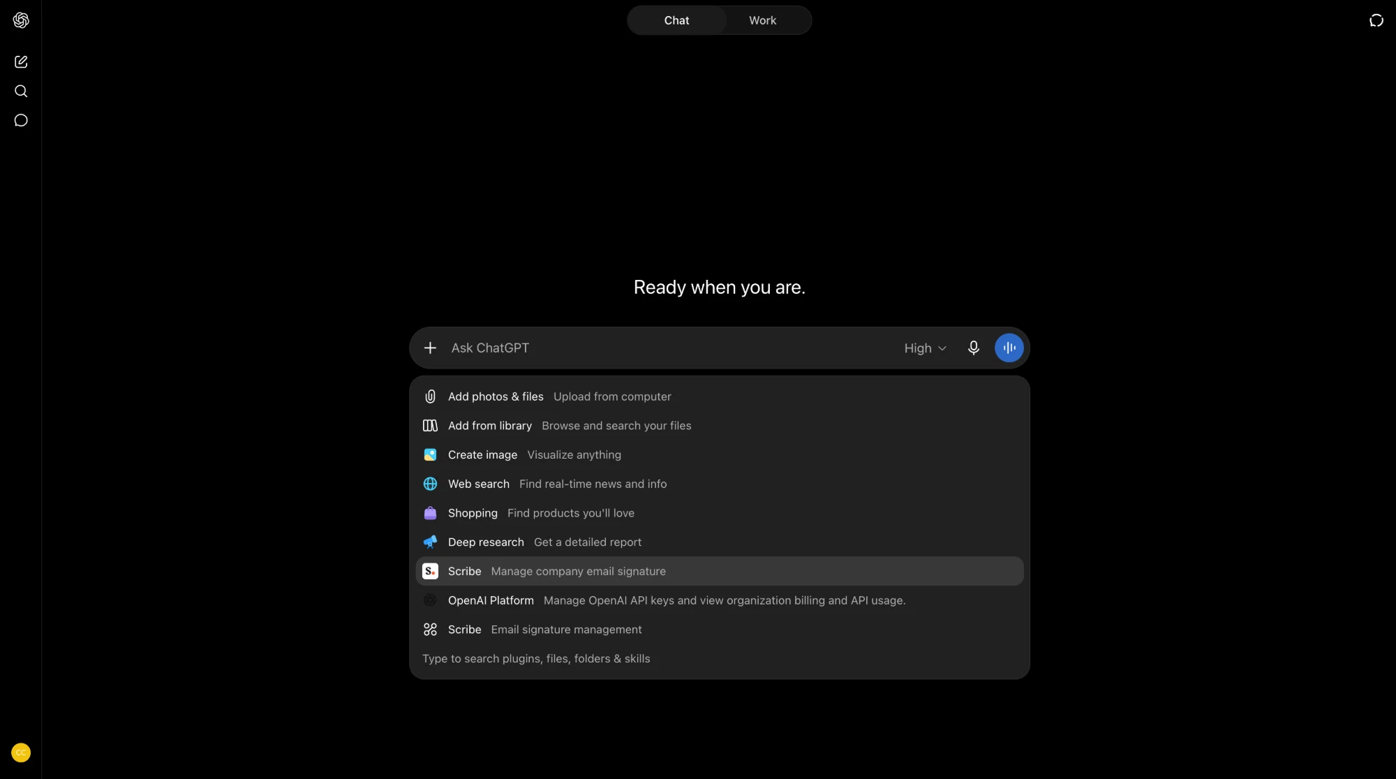 ChatGPT plus menu in the message composer listing the Scribe plugin, Manage company email signature