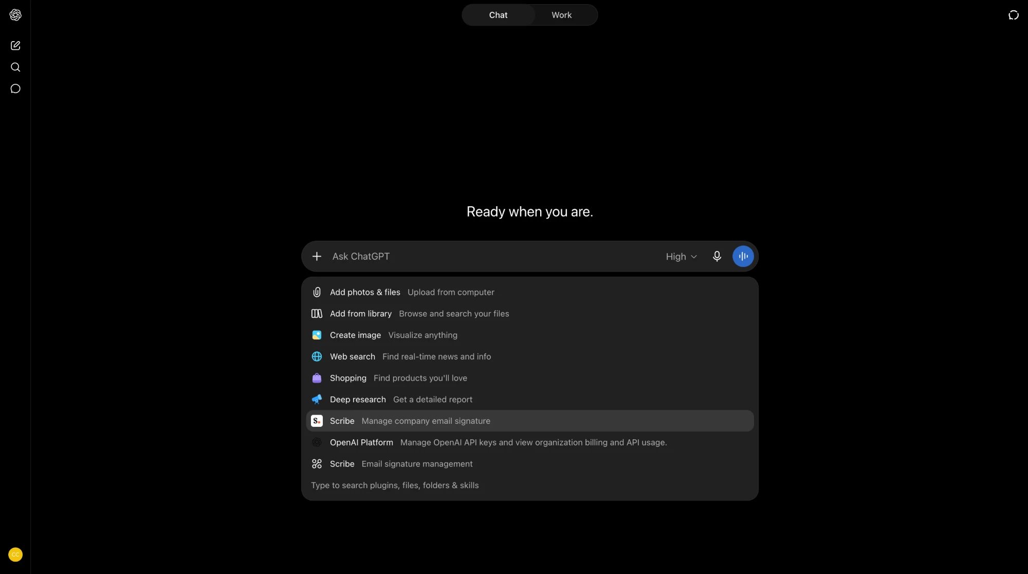 ChatGPT plus menu in the message composer listing the Scribe plugin, Manage company email signature