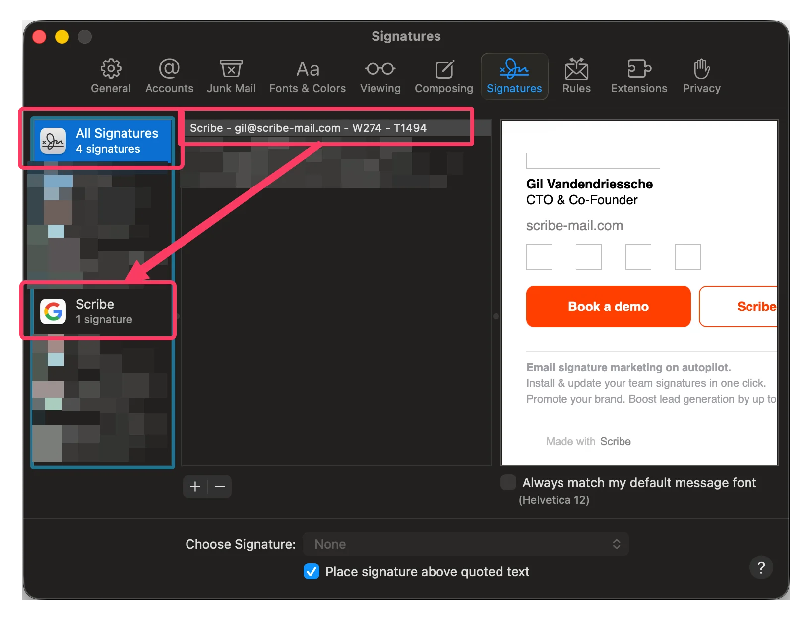 Glisser la signature Scribe vers le compte e-mail