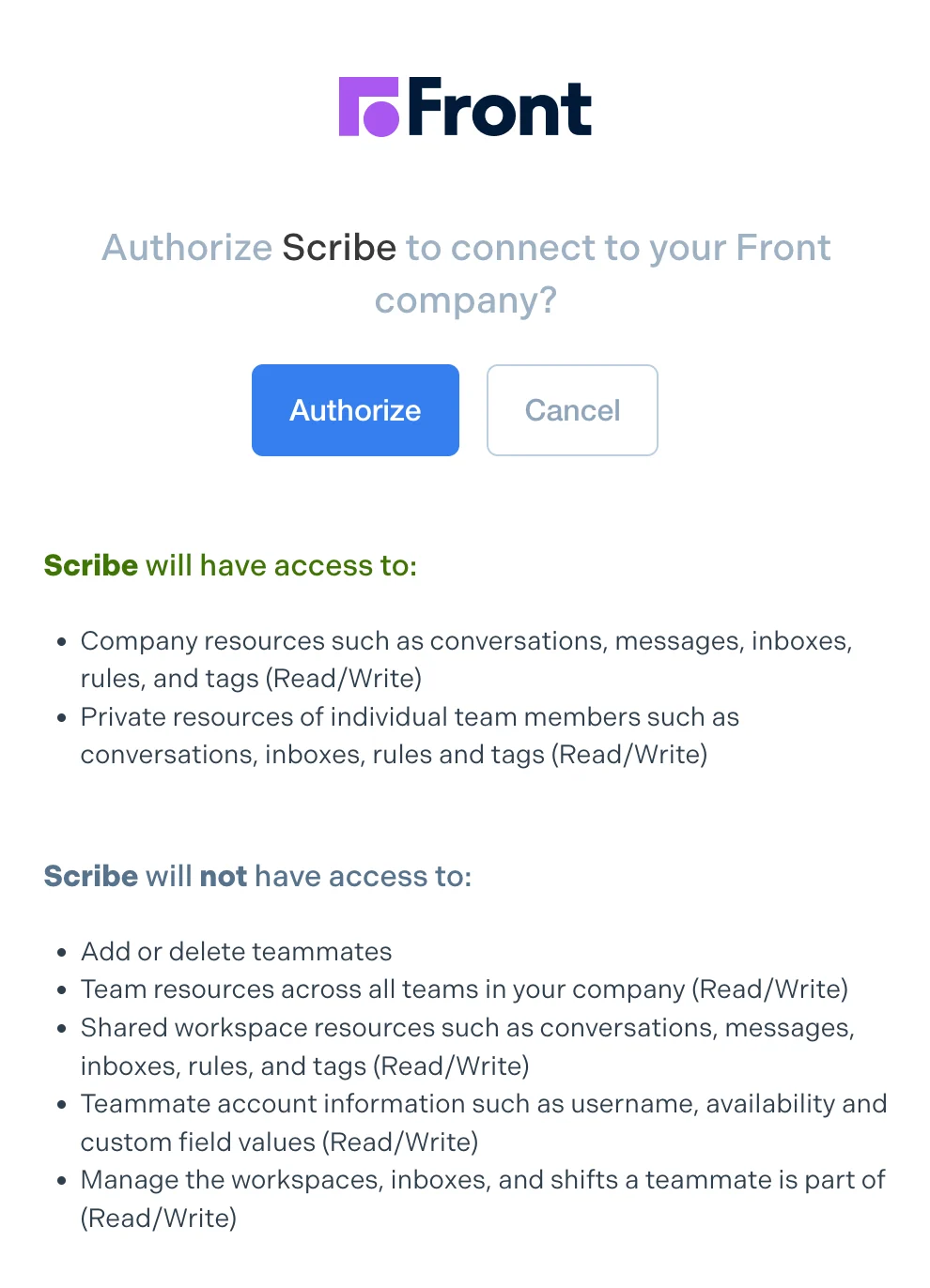 Front authorization screen showing Scribe access permissions
