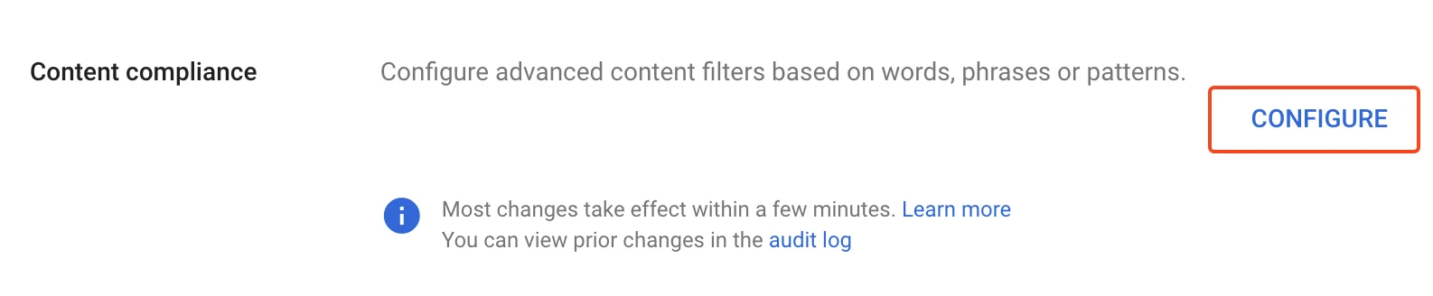 Content complianceのConfigureボタン