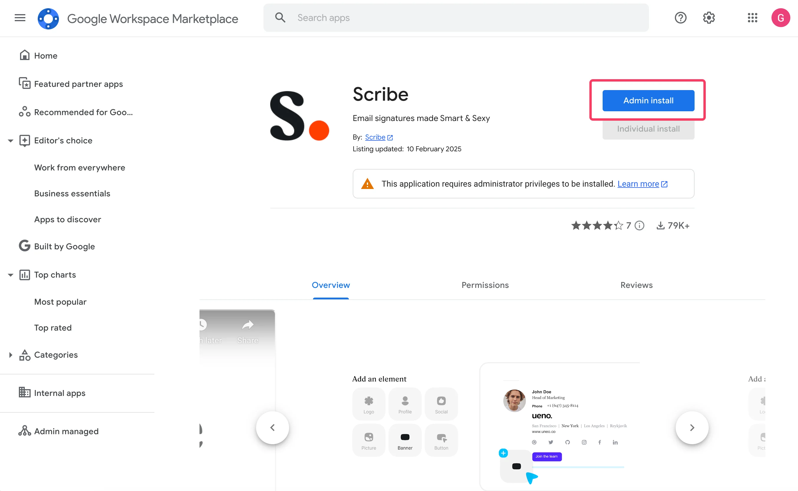 Listagem do Scribe app no Google Workspace Marketplace com o botão Admin Install destacado