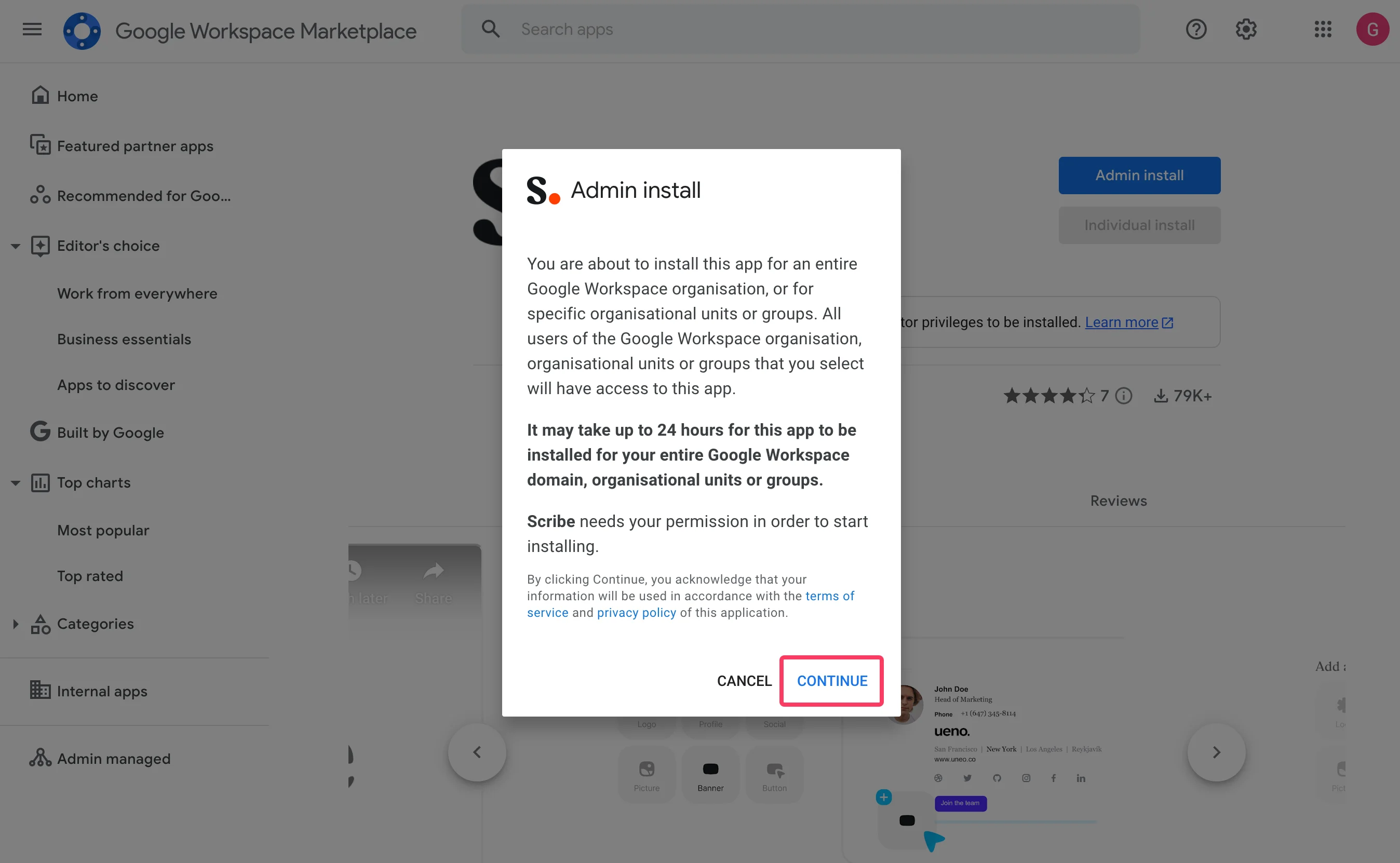 Modal Admin install no Google Workspace Marketplace com o botão Continue destacado