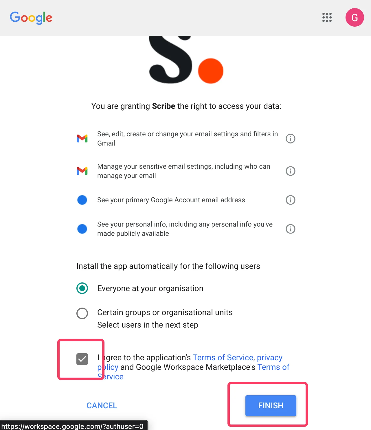 Tela de validação de acesso a dados do Google com Everyone at your organization selecionado e a caixa de termos de serviço destacada