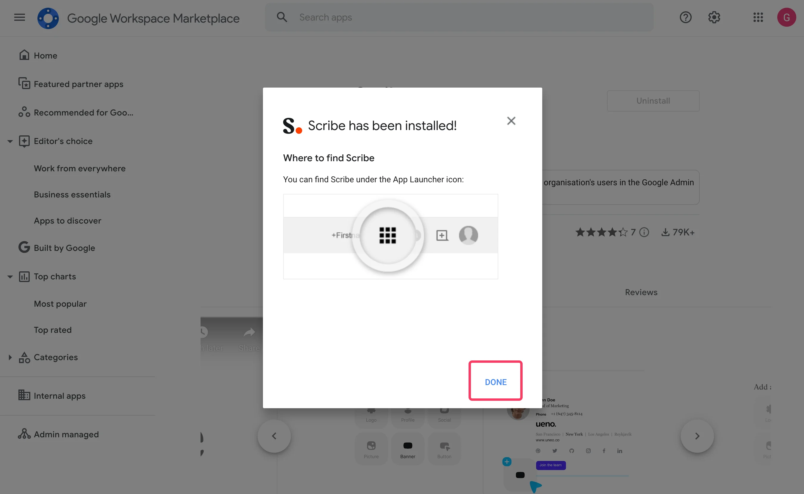 Modal de confirmação de instalação da Scribe com o botão Done destacado
