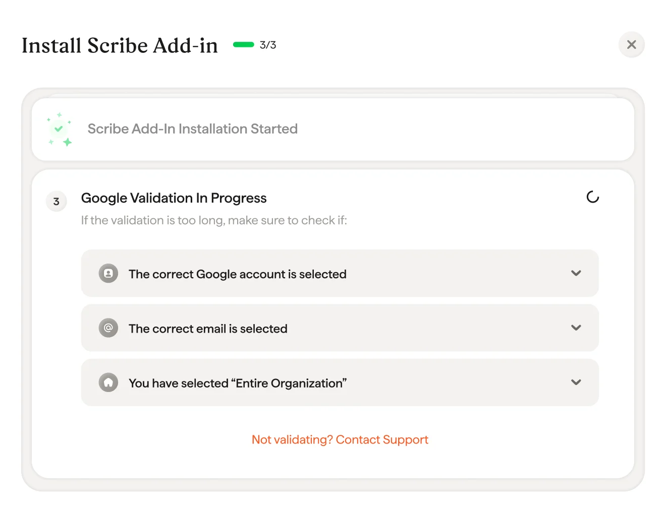 Tela de validação do Google em andamento com lista de solução de problemas