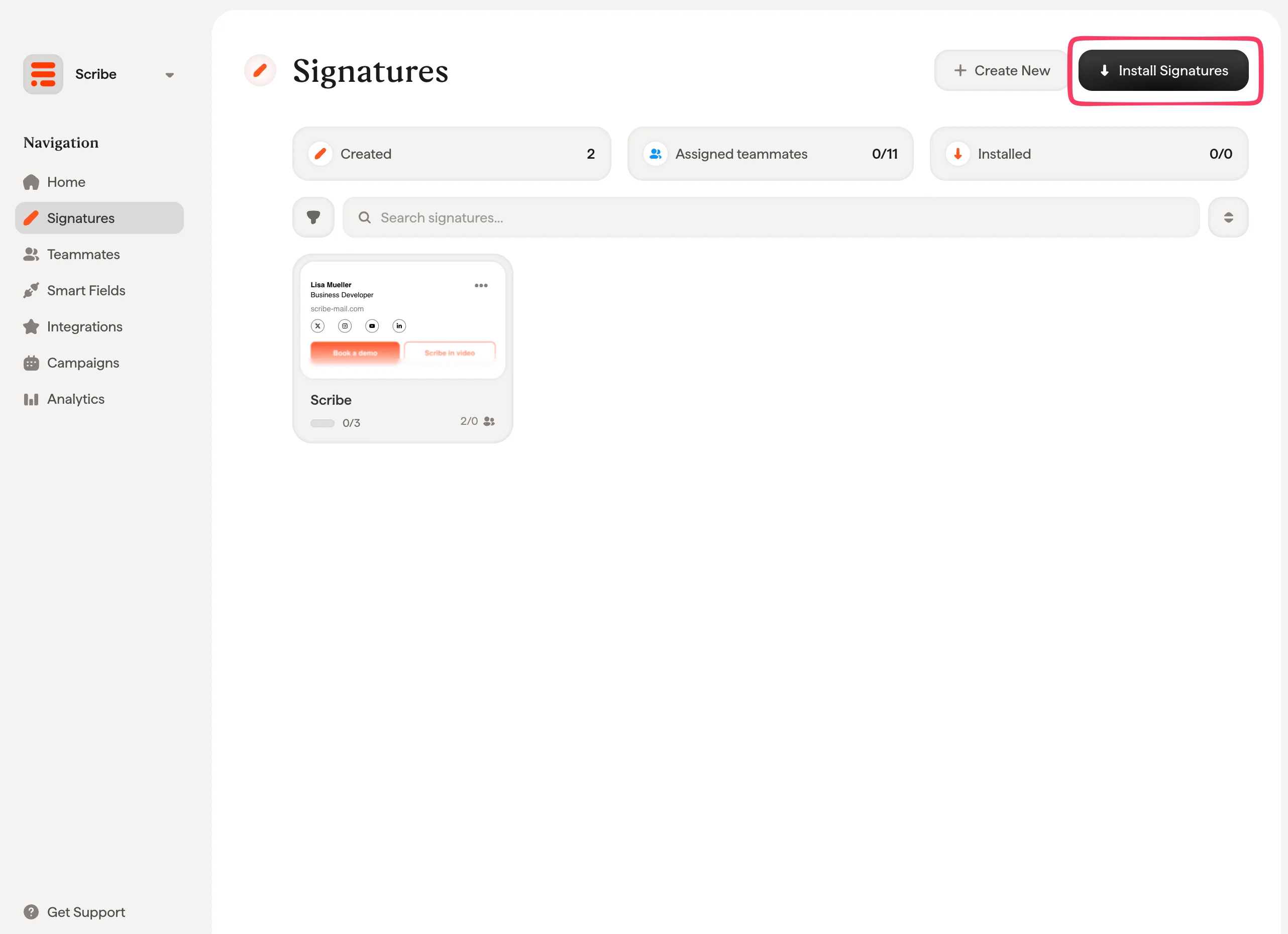 Lista de assinaturas da Scribe com o botão Install Signatures em destaque