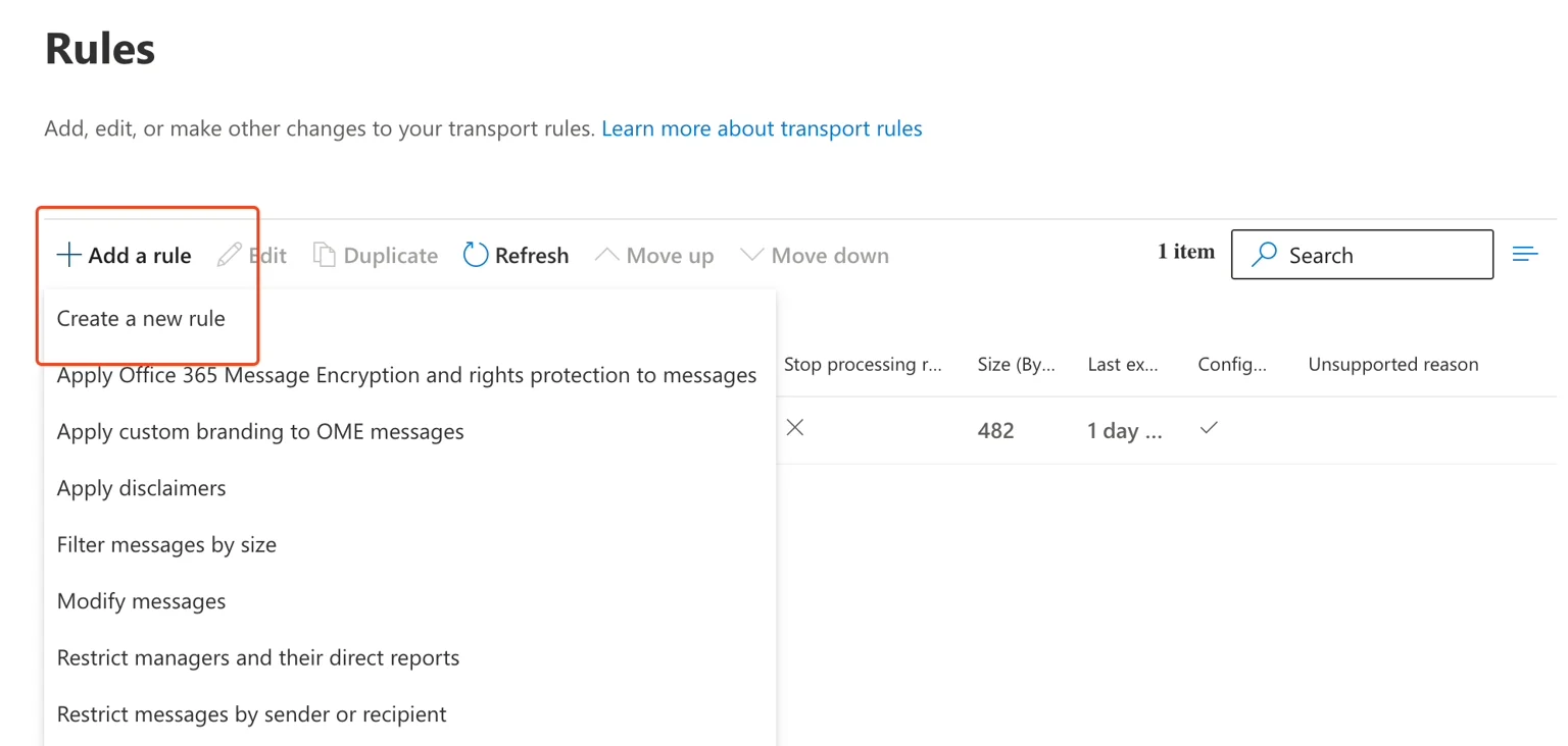 Add a rule のドロップダウンに Create a new rule オプションが表示された Exchange 管理ルールページ