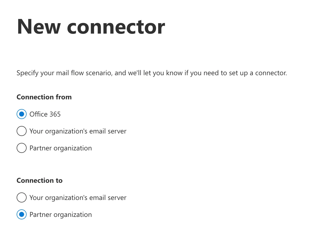 接続元に Office 365、接続先に Partner organization を選択した新しいコネクタダイアログ