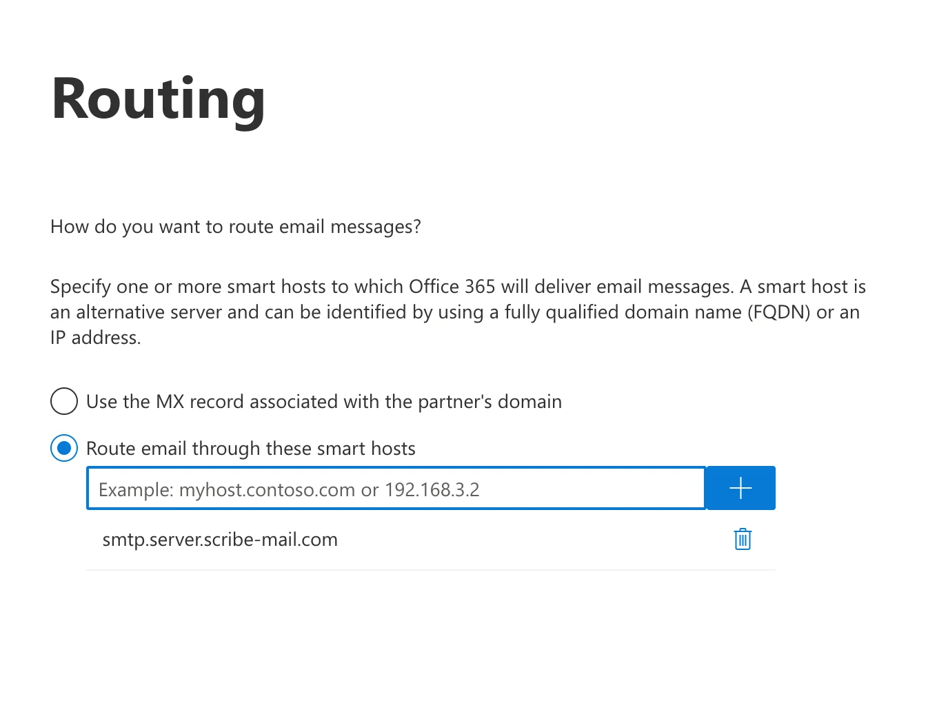 smtp.server.scribe-mail.com がスマートホストとして追加されたルーティングページ