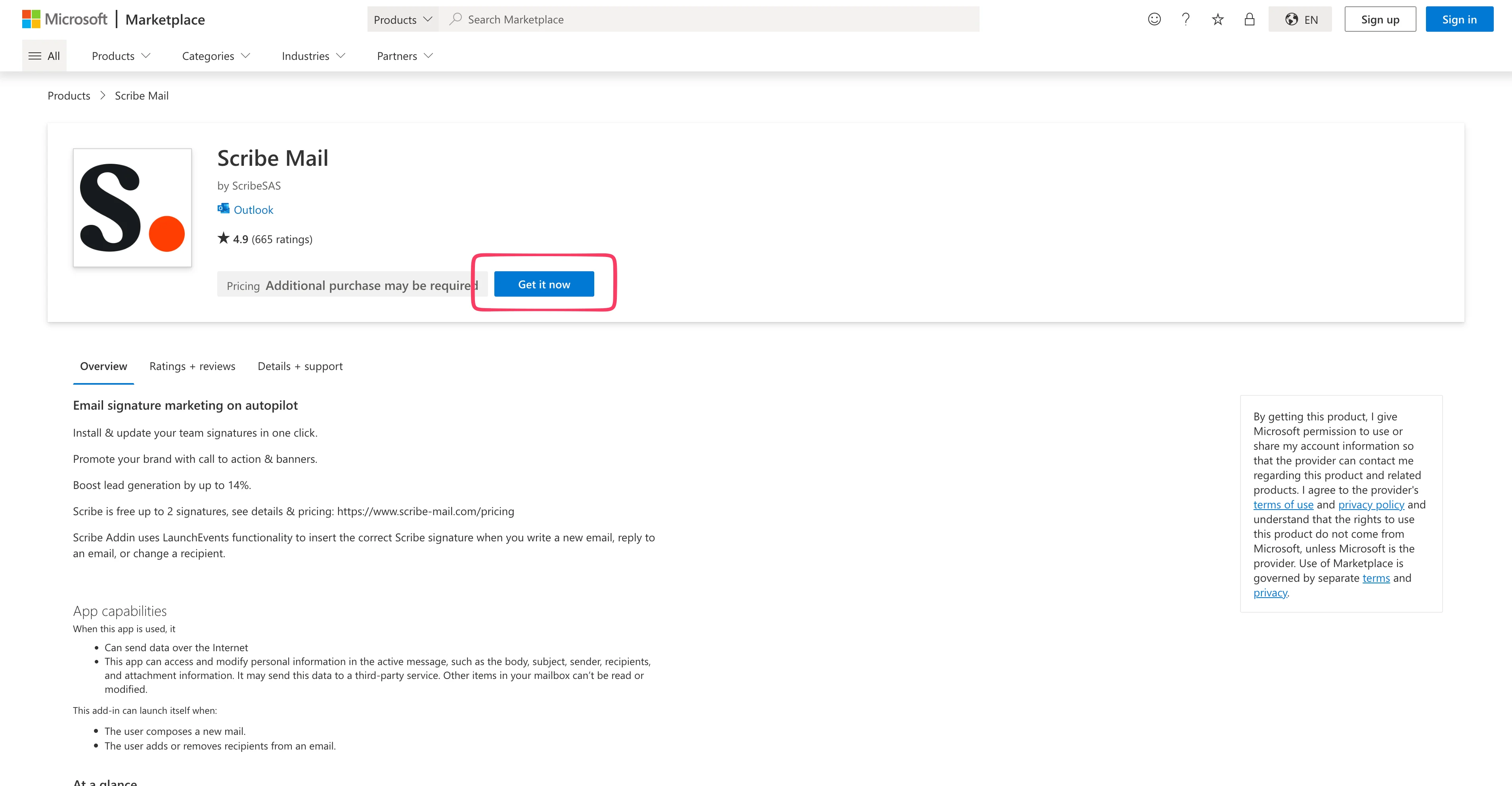 Daftar Scribe Mail di Microsoft Marketplace dengan tombol Get it now disorot